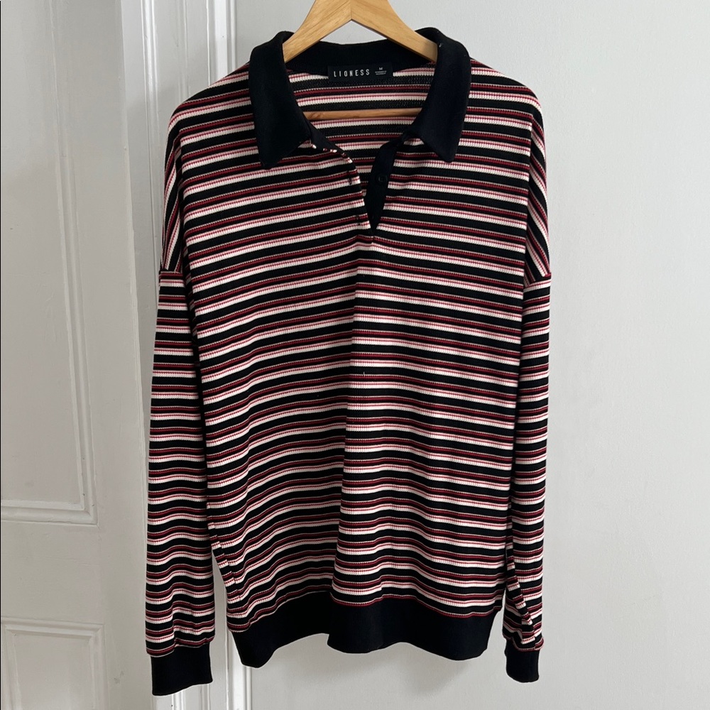 Lioness Women’s Oversized Striped Polo Shirt - Black and Red